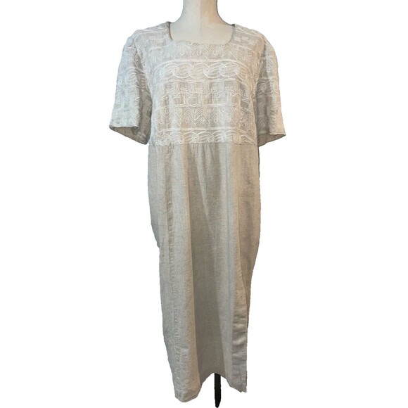 Jessica Howard Vintage Woman size 24 Linen Embroidered Midi Dress Square Neck - Picture 1 of 9